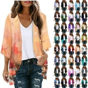 DDAPJ pyju Womens Floral Kimono Cardigans Dressy Casual Summer Cardigans Lightweight 3/4 Sleeve Chiffon Beach Swimsuit Cover Ups Open Front Blouse Tops Clearance Sales Today Multicolor#11 M